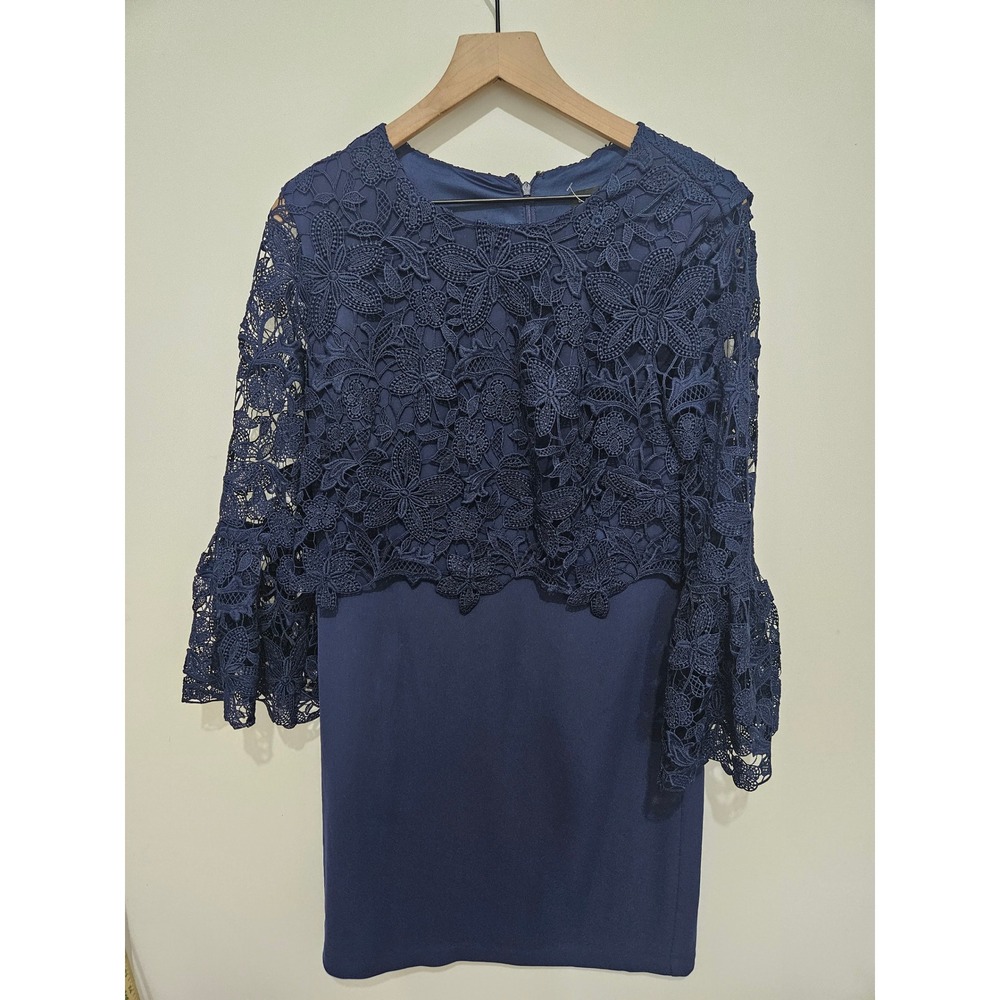 Laundry by Shelli Segal Navy Blue Lace Overlay Bell Sleeve Sheath Dress 10